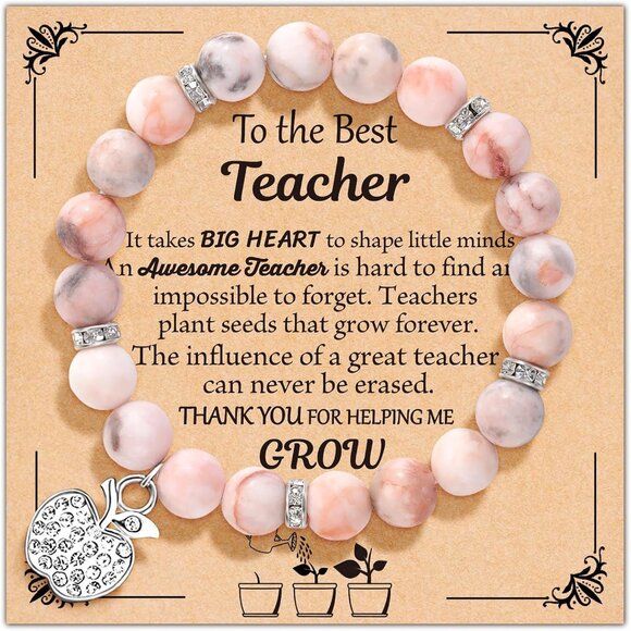 Stainless Steel & Agate Teacher's Appreciation Bracelet - 8 mm Beads, 7'' Length - Picture 1 of 6